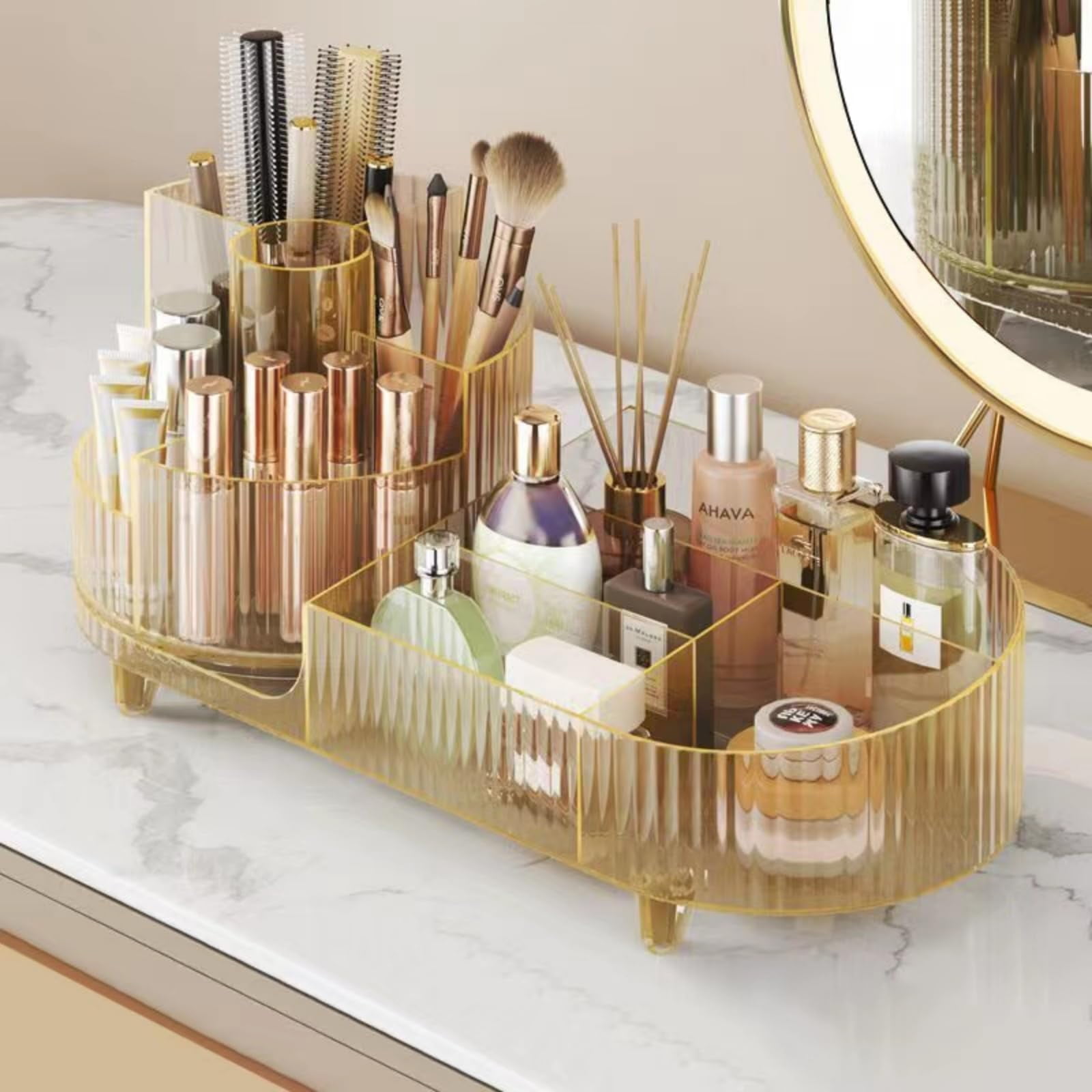 Crystal Amber Rotating Makeup Organizer with Large Capacity