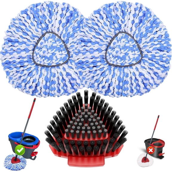 Rotating mop head replacement parts suitable for 2-slot system, 2 mop replacement heads + 1 upgraded brush, 100% microfiber mop filling deep clean washable