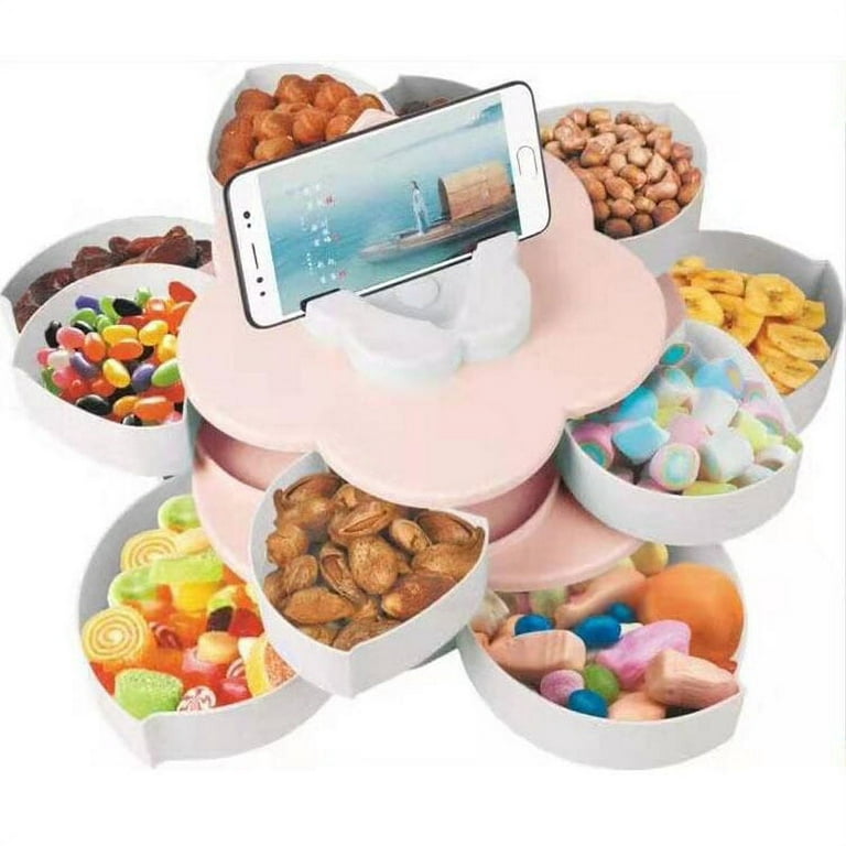 Rotating snack tray, creative fruit tray, double petal-shaped snack platter,  10 segmented candy containers with mobile phone holders, used for nut  candy, dried fruit food storage organizer (Pink) 