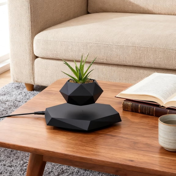 Rotation Flower Pot, Magnetic Levitating Plant Pot for Air Plants,Floating Plant Pot,Rotating Air Bonsai Planter Flower Pot for Home Living Room Office Desk (Black)