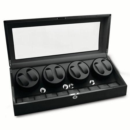 Rotations High Gloss Black Finish with Acrylic Window Faux Leather Lined Locking Wooden 8-Watch Winder with 9-Watch Storage Area (AC Powered) QGM13140