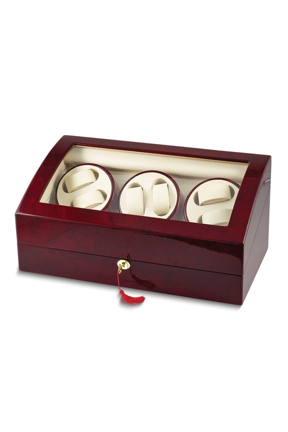 Rotations High Gloss Red Burlwood Finish with Acrylic Window Faux Leather Lined Locking Wooden 6-Watch Winder with 6-Watch Storage Area (AC Powered) QGM13139