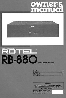 Instruction Manual ONLY for Rotel RB-880 Amplifier Owners Manual 