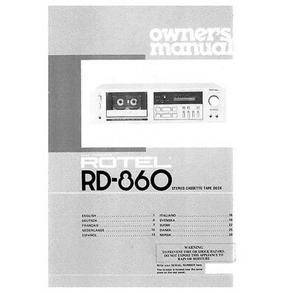 Instruction Manual ONLY for Rotel RD-860 Cassette Deck Owners Instruction Manual REPRINT