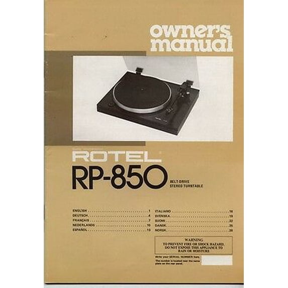 Instruction Manual ONLY for Rotel RP-850 Turntable Owners Manual REPRINT