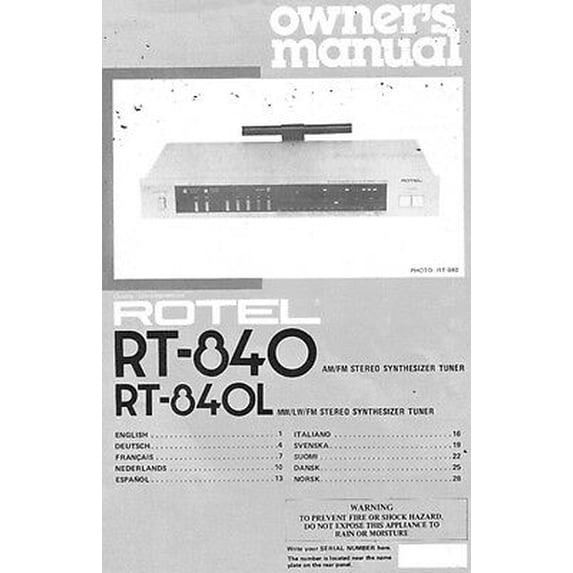 Instruction Manual ONLY for Rotel RT-840 Tuner Owners Manual REPRINT