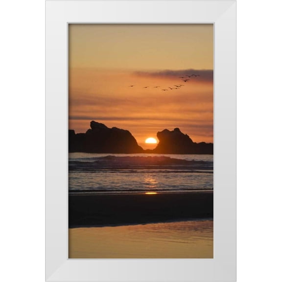 Rotenberg, Nancy 10x14 White Modern Wood Framed Museum Art Print Titled - Oregon Birds fly over sunset between sea stacks