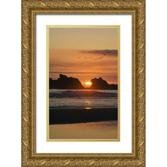 Rotenberg, Nancy 16x24 Gold Ornate Wood Framed with Double Matting Museum Art Print Titled - Oregon Birds fly over sunset between sea stacks