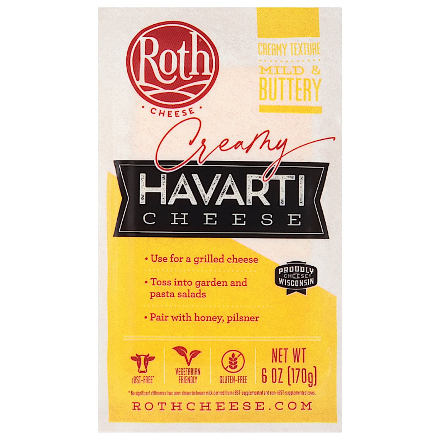 Roth Gluten Free Block Creamy Havarti Cheese, 6 oz Fresh Plastic Wrapped