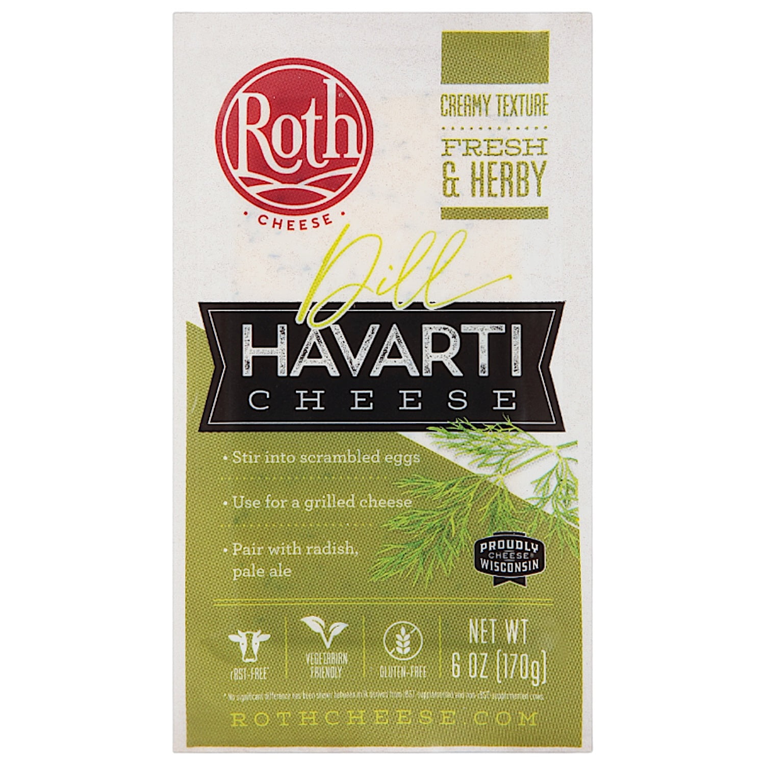 Roth Gluten Free Block Dill Havarti Cheese, 6 oz Fresh Plastic Wrapped