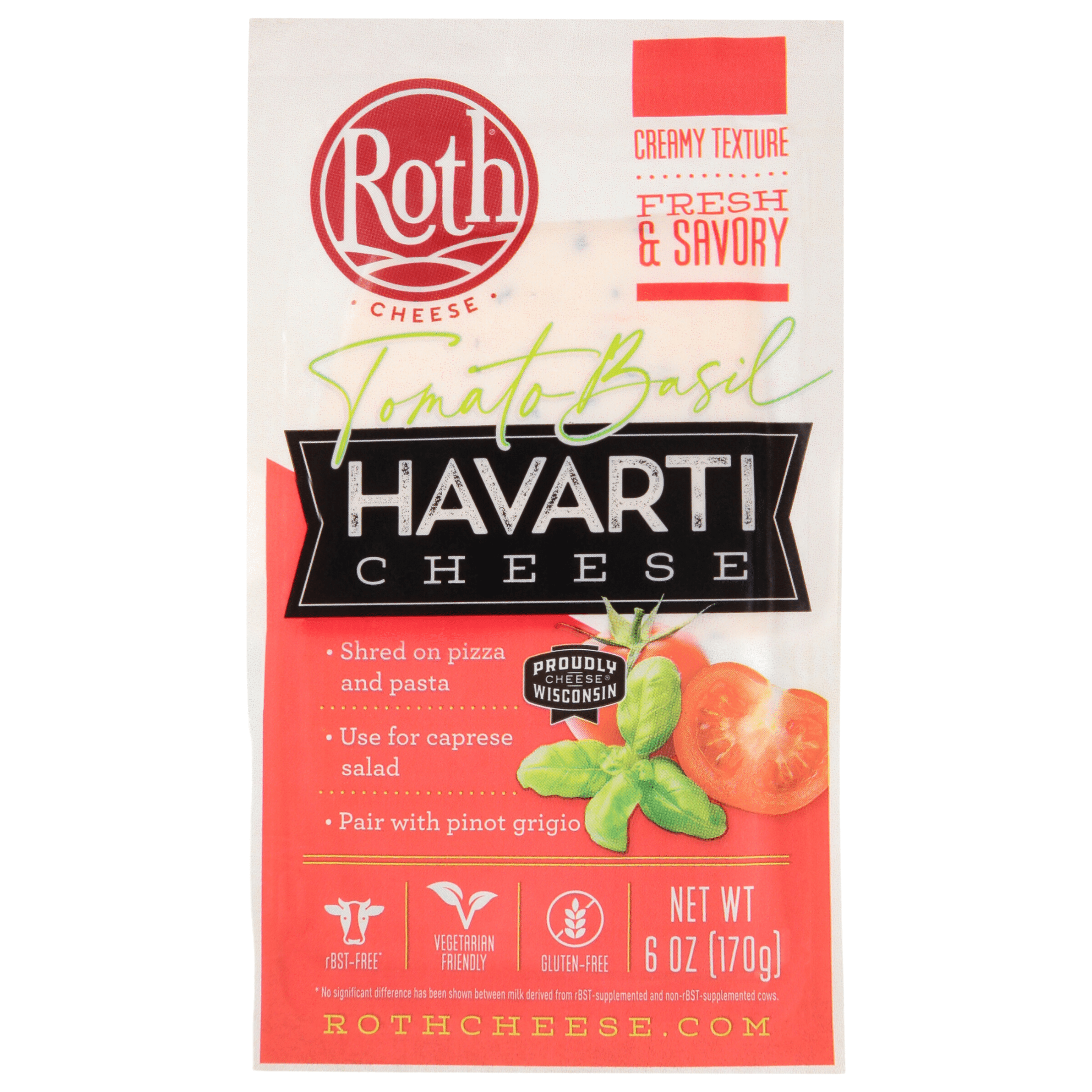 Roth Gluten Free Block Tomato Basil Havarti Cheese, 6 oz Fresh Plastic Wrapped