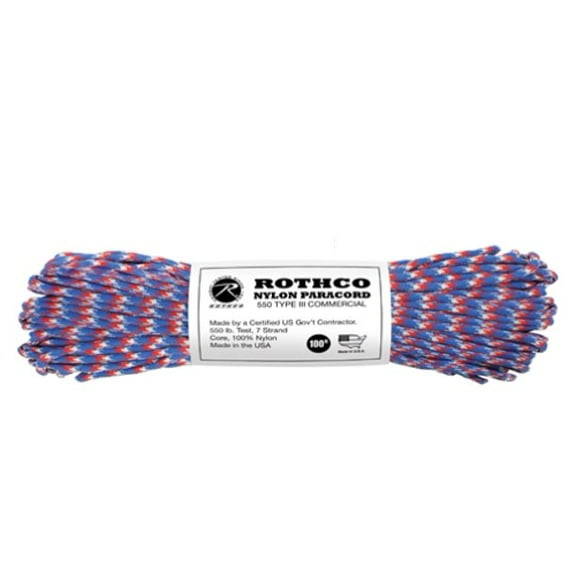 Rothco 550lb Type III Nylon Camo Paracord, Red / White / Blue Camo 100'