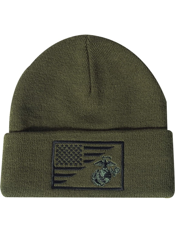 21694 USMC Eagle Globe & Anchor US Flag Deluxe Fine Knit Watch Caps, Olive Drab