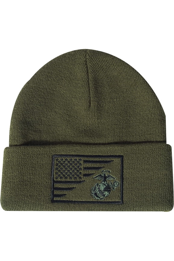 21694 USMC Eagle Globe & Anchor US Flag Deluxe Fine Knit Watch Caps, Olive Drab