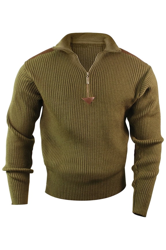 Quarter Zip Acrylic Commando Sweater - Olive Drab, Large