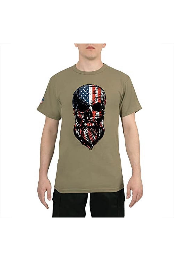 20941 US Flag Bearded Skull Short Sleeve T-Shirt, Coyote Brown - Extra Large
