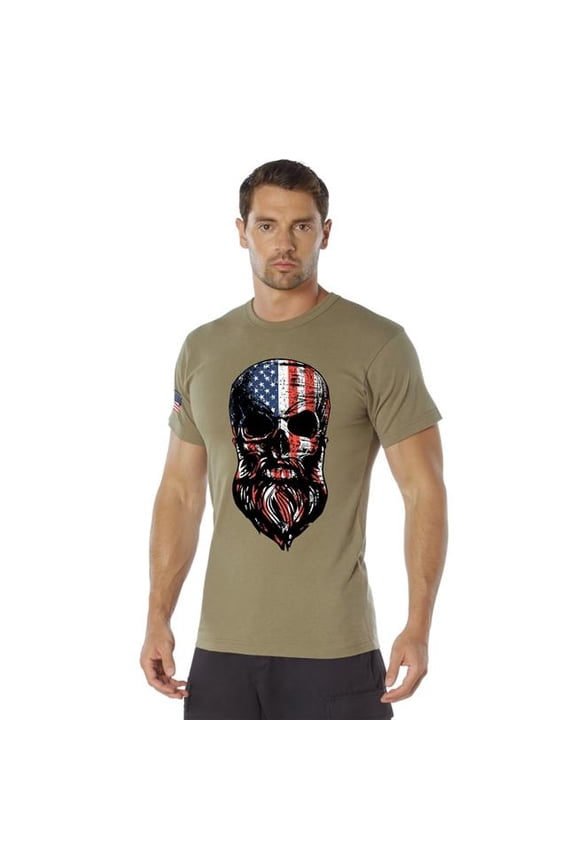 20941 US Flag Bearded Skull Short Sleeve T-Shirt, Coyote Brown - Extra Large