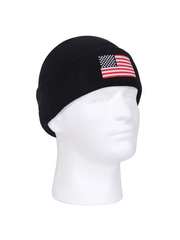 US Flag Embroidered Fine Knit Watch Cap, Black