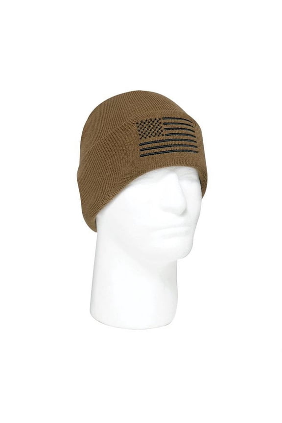 US Flag Embroidered Fine Knit Watch Cap, Coyote Brown