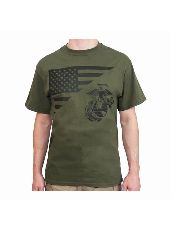 21121 US Flag USMC Eagle Globe & Anchor Short Sleeve T-Shirt, Olive Drab - Large