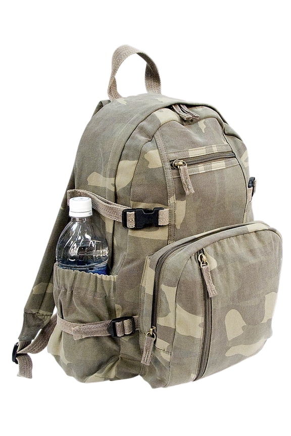 Vintage Adult Zipper Canvas Compact Backpack, Woodland Camo