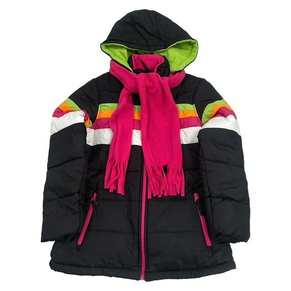 Rothschild Girls Black & Pink Hooded Winter Ski Coat Jacket w/ Scarf L (10/12)