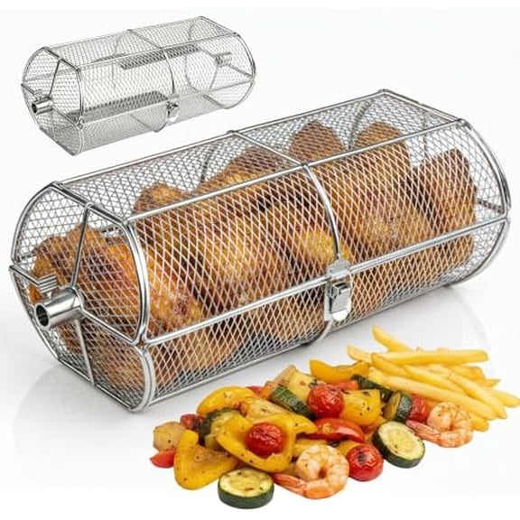 Rotisserie Basket for Outdoor Grill (15.4" x 6.8" x 6.4") - Heavy Duty Stainless Steel BBQ Basket with Reinforced Latch & Safety-Smooth Edges - Splits Apart for Easy Cleaning - Fits Most Grills