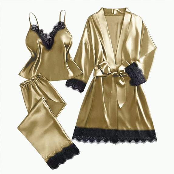 Rotm 3PC Satin Pajama Set Womens Pajamas Sets Silk Satin Sleepwear Sexy Lace Cami with Robe Floral Pjs Pants Set Loungewear Light Yellow,L