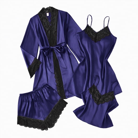 Rotm 4PC Silk Pjs Womens Pajamas Sets Silk Satin Sleepwear Sexy Lace Cami with Robe Floral Pjs Pants Set Loungewear Purple,2XL