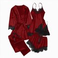 thumbnail image 1 of Rotm 5PC Cozy Pajamas Womens Pajamas Sets Silk Satin Sleepwear Sexy Lace Cami with Robe Floral Pjs Pants Set Loungewear Wine,2XL, 1 of 6