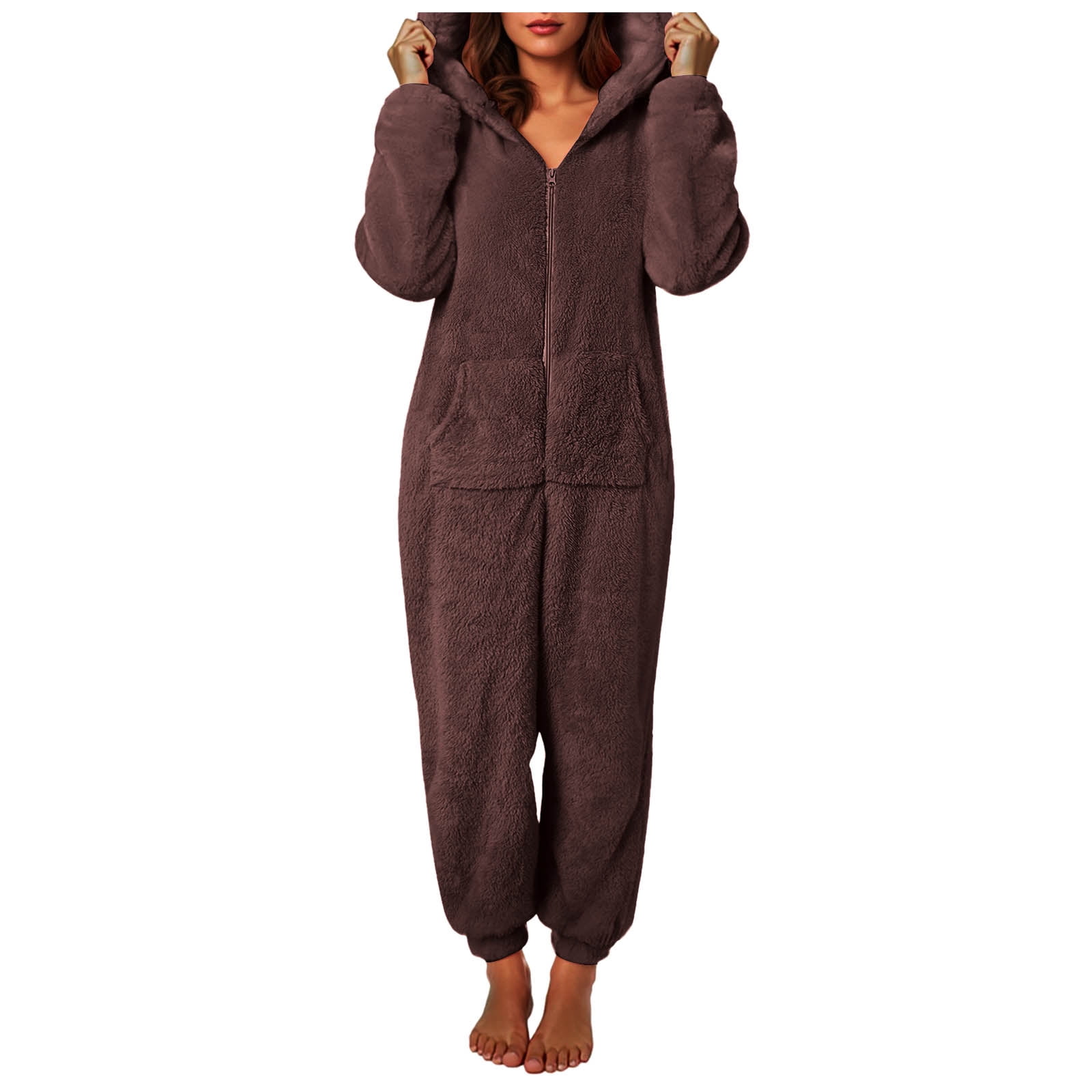 Rotm Adult Onsies Trendy Fashion Ladies One-Piece Jumpsuit Animal Hoodie Long Sleeve Sleepwear Comfortable Pajamas For Women Coffee,4XL