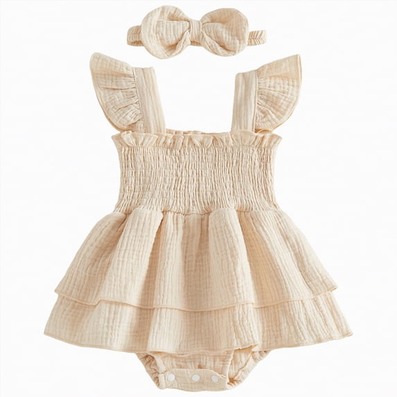 Rotm Baby Girls' Dresses Baby Infant Girls Cotton Short Ruffle Sleeve Summer Romper Outfits Beige,12-18 Months