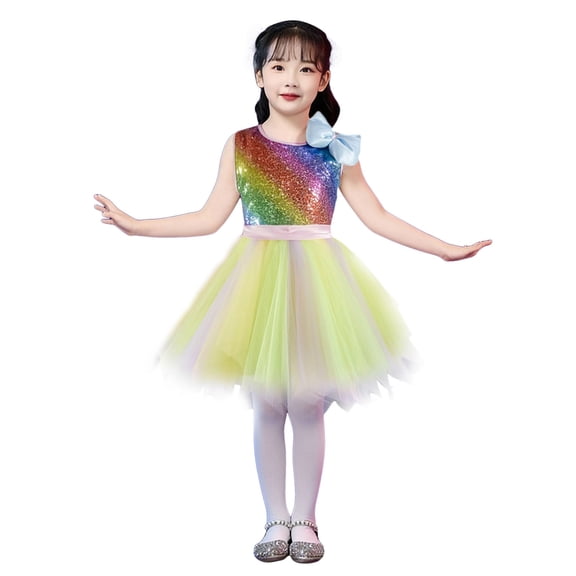 Rotm Ballet Dress for Girls Girls Sparkly Sequin Dress Feather Strap Pleated Twirl Party Formal Dress Light Yellow,5-6 Years