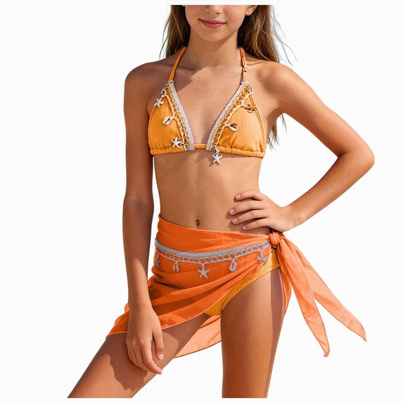 Rotm Bikini Teens Girls Swimsuits 3 Piece Cutout Bikini for Teens Adjustable Straps Quick Dry Bathing Suit with Cover Ups Orange,7-8 Years