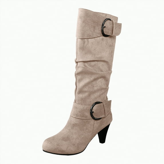 Rotm Boots Women Women's Knee High Boots Flat Warm Winter Boots with Side Zipper Beige,Size 6.5