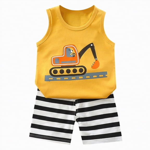 Rotm Boys' 2 Piece Sleeveless Set Kids Boys Outfit Sets, Sleeveless Cotton Summer Shirts and Shorts Set Orange,18-24 Months