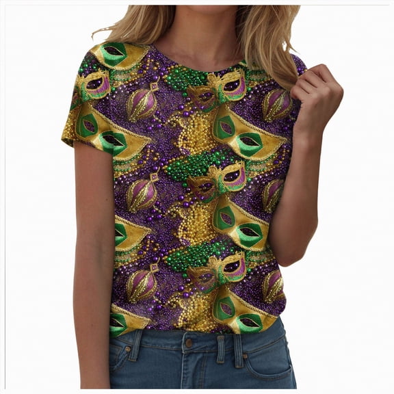 Rotm Carnaval Shirt Short Sleeve Shirts for Women Crew Neck Carnival Casual Print Pullover T-Shirt Light Purple,M