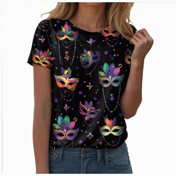 Rotm Carnaval Shirt Women's Tops Summer Short Sleeve Crew Neck Shirts Dressy Casual Blouses for Women Black,M