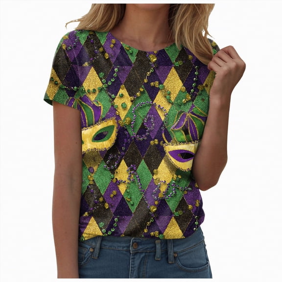 Rotm Carnival Party Tshirt Womens Fancy Blouse Carnival T-shirts Mask Print Tunic Theme Party Round Collar Tee Black,XL