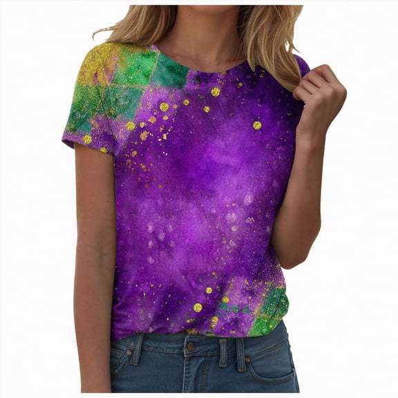 Rotm Carnival Tshirt Short Sleeve Shirts for Women Crew Neck Carnival Casual Print Pullover T-Shirt Dark Purple,2XL