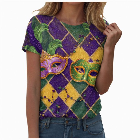 Rotm Carnival Tshirt Womens Fancy Blouse Carnival T-shirts Mask Print Tunic Theme Party Round Collar Tee Navy,M