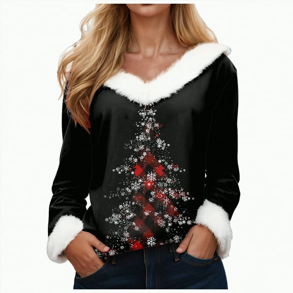 Rotm Christmas Hoodies for Women Christmas Tree Printed T-Shirts V Neck Long Sleeve Tops Holiday Loose Fit Trim Tunic Blouses(Black,2XL)