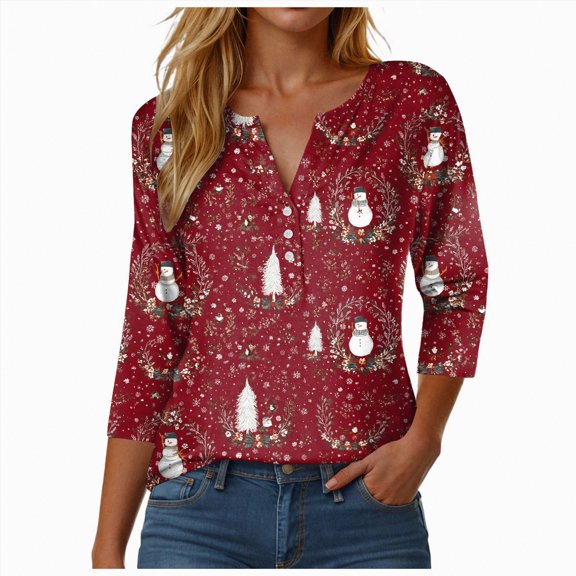 Rotm Christmas Outfit Women Womens Christmas Shirts Plus Size Dressy 3/4 Sleeve T-Shirts Xmas Snowflake Print Casual Tunic Tops Brick Red,2XL