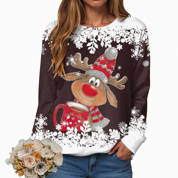 Rotm Christmas Sweatshirts for Women : Merry Christmas Letter Print T-Shirts Xmas Tree Graphic Long Sleeve Tops(Brown,S)