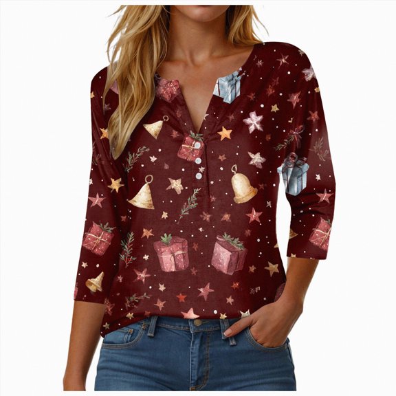 Rotm Christmas T Shirt Christmas Shirts for Women V Neck 3/4 Sleeve Tops Casual Dressy Xmas Graphic T Shirts Fall Fashion Vacation Outfits Brick Red,M