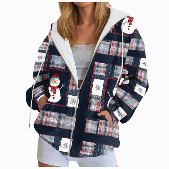 Rotm Christmas Zip Up Hoodie Christmas Sweatshirts For Women Hoodies Zip Up Ugly Graphics Fleece Sherpa Lined Warm Fuzzy Jacket Trendy Casual Xmas Coats Navy,L