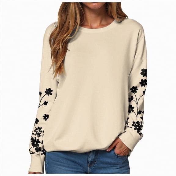 Rotm Cotton Blouses for Women Sweatshirts for Women Crewneck Long Sleeve Shirts Tunic Tops for Leggings Fall Fashion Winter Clothing Beige,M