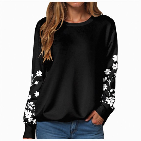 Rotm Cotton Blouses for Women Women's Crew Neck Sweatshirt Loose Pullover Long Sleeve Shirts Soft Tops for Women Fall Clothes 2025 Black,L