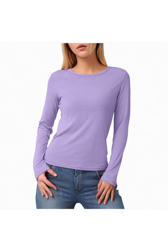 Cotton T Shirts Women Women's Long Sleeve Thermal Shirts, Fleece Lined Crew Neck Undershirts Soft Base Layer Fitted Tee Tops Purple,XL