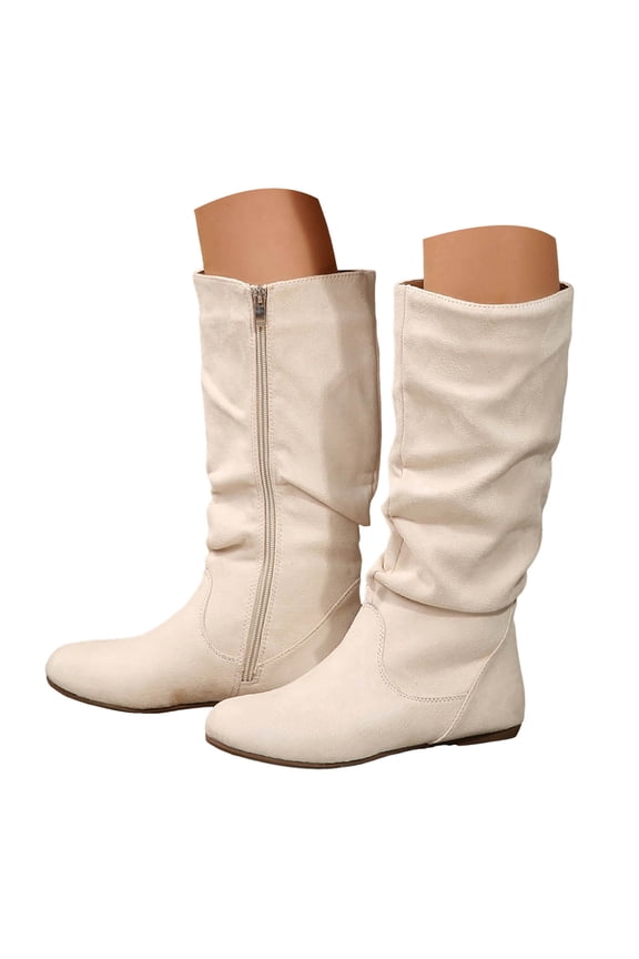 CowGi'rl Boots Womens Mid Knee High Boots Chunky Heel Slouchy Metal Buckle Side Zipper Fashion Winter Shoes Beige,8